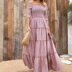 Boho Floral Shirred Off The Shoulder Dress